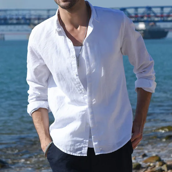 

Men's Casual Linen Long Sleeve Shirt Square Collar Slim Fit Spring Fashion Urban Style No Pocket No Brand Pure Color Button up