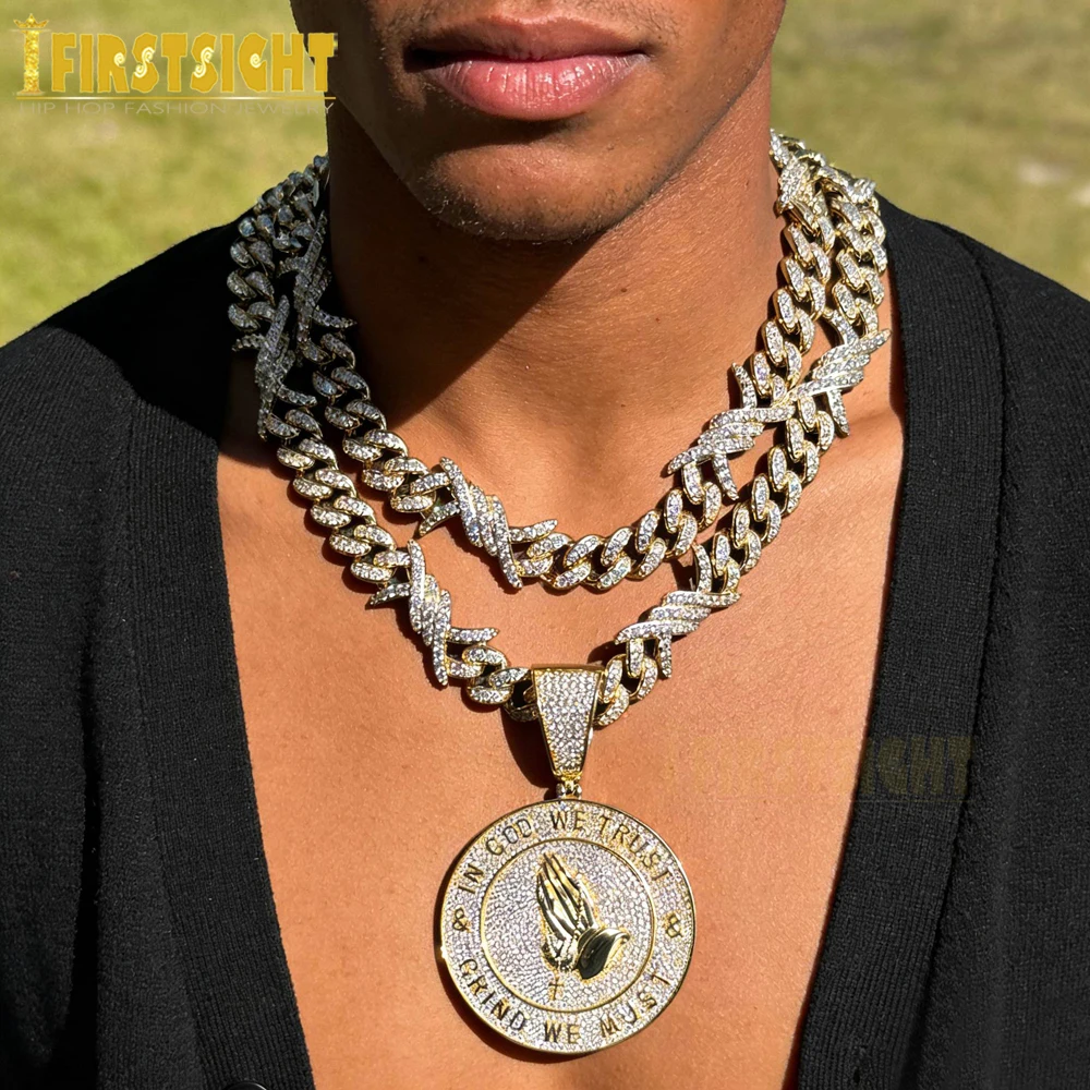 Iced Out Praying Hands In God We Trust Pendants Necklace 12MM Cuban Chain Cubic Zirconia Round Charm For Men Hip Hop Jewelry