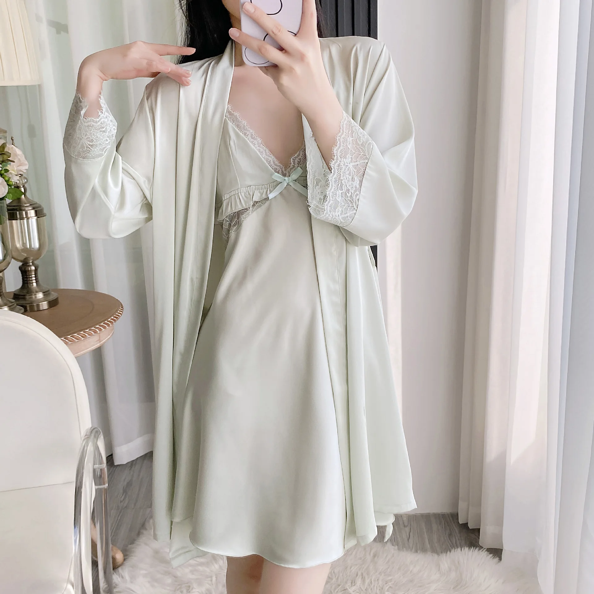 

Summer Women Sexy Lace Ice Silk Satin Sleepwear Suspender Nightgown Loungewear Robes Two-piece Suit
