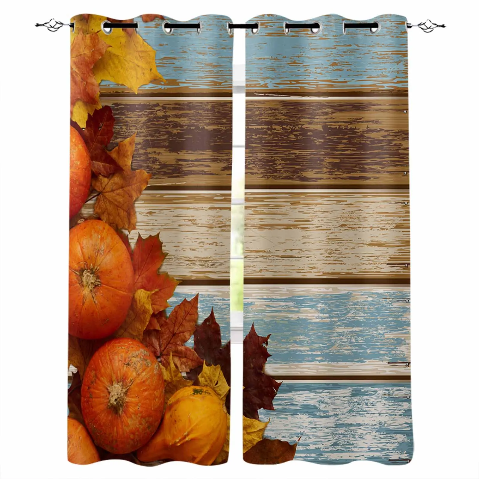 Thanksgiving Pumpkin Wood Grain Curtains for Living Room Window Decoration Curtains in Home Kitchen Luxury Bedroom Drapes