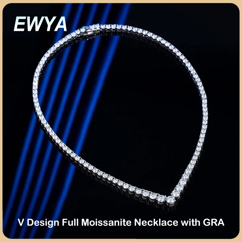 EWYA Sparkling Real Full Moissanite V Design Tennis Necklace for Women S925 Sterling Silver Diamond Chain Necklaces Fine Jewelry