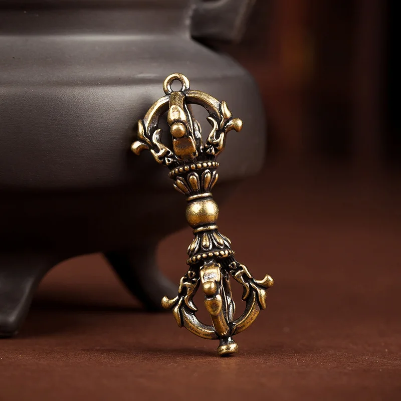 Vintage Brass Vajra Demon-Subduing Pillar Keychain, Pure Copper Key Pendant, Small Ornament