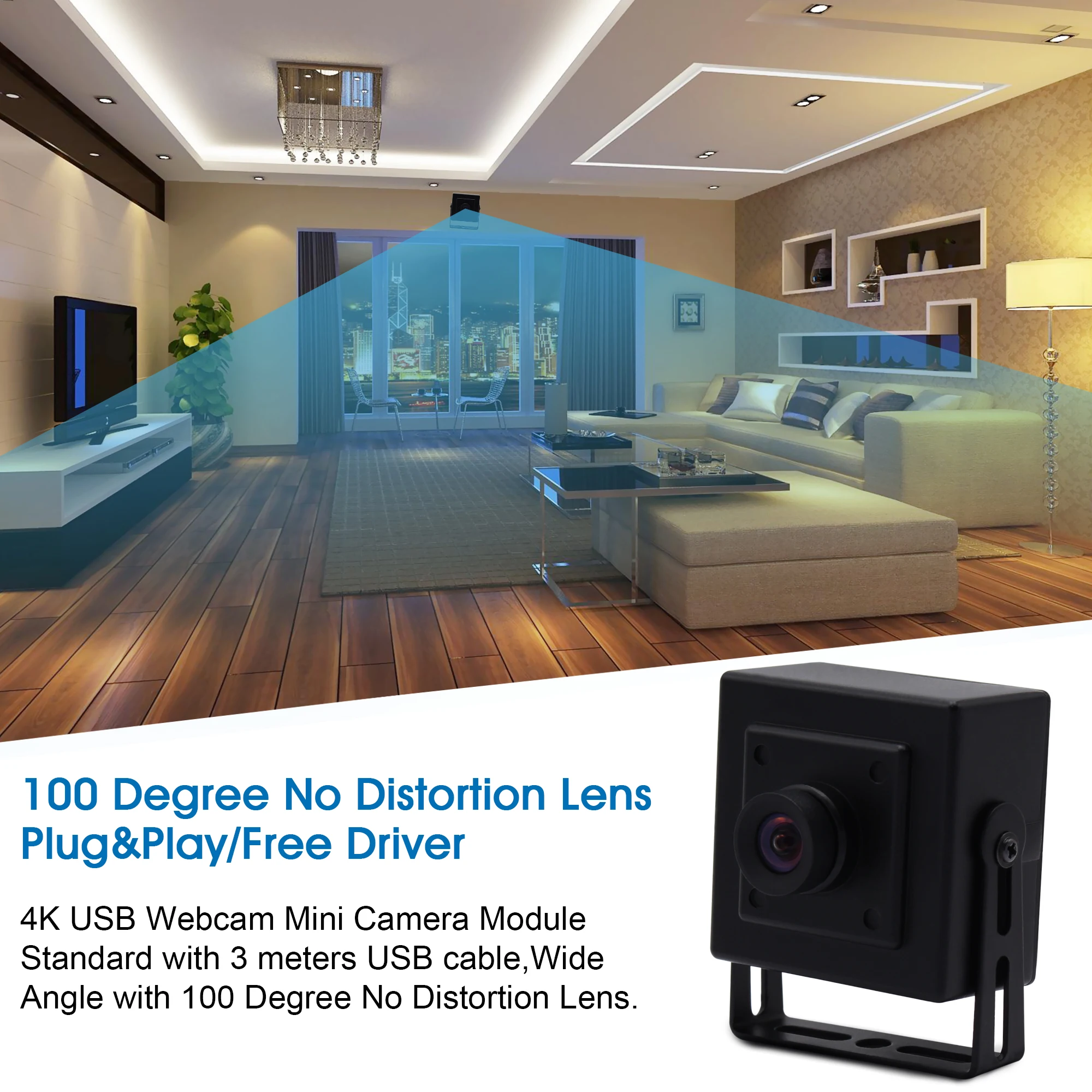 GOOD 30FPS 4K USB Camera with 100Degree No Distortion Lens Free Driver CMOS IMX317 Mini USB Webcam for Window, Linux, Android,Ma