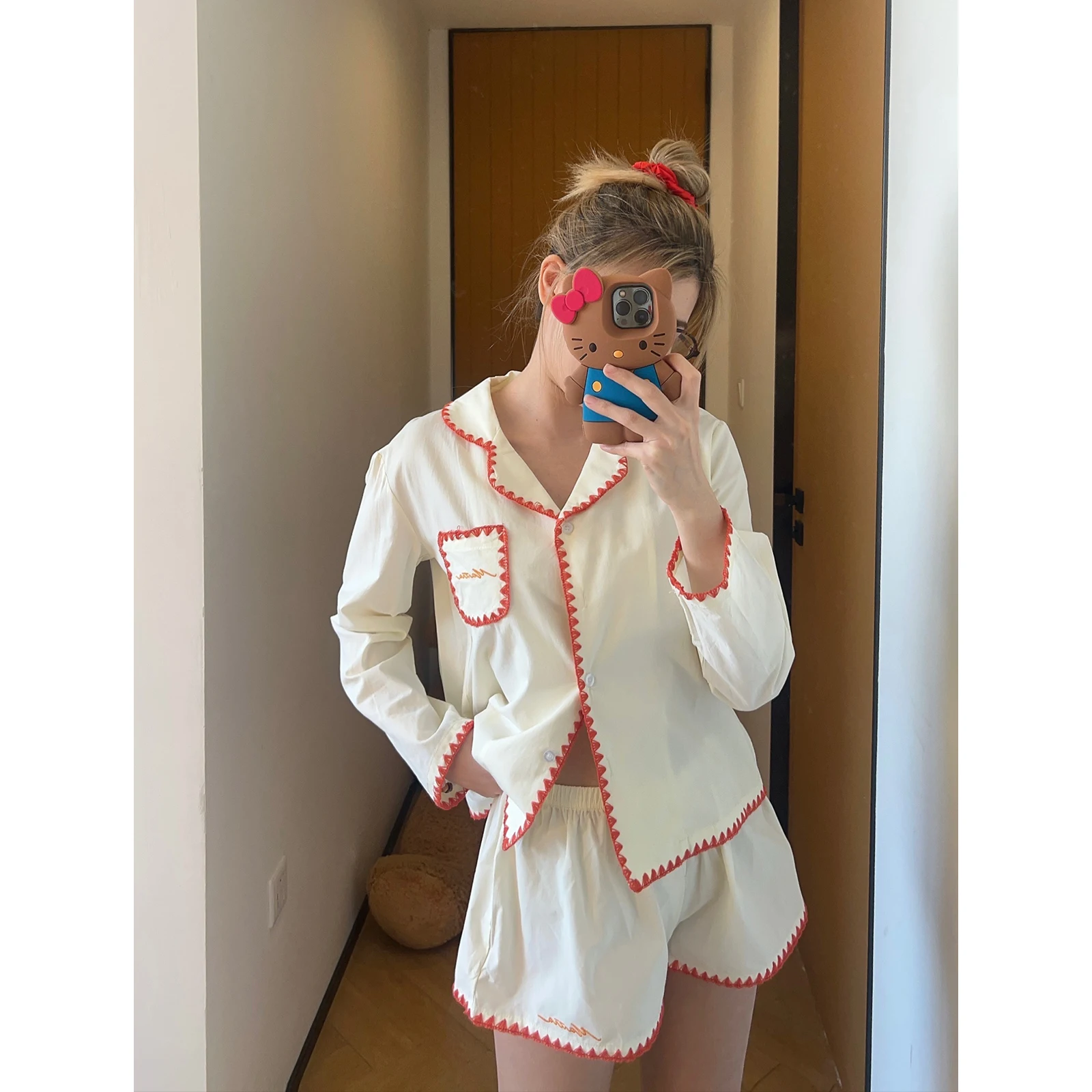 

Muuzimm Jennie Embroidered Color Blo Long Sve Spwear orts Set Home Clothes Cotton Comfortable Breathable Women's Pa...