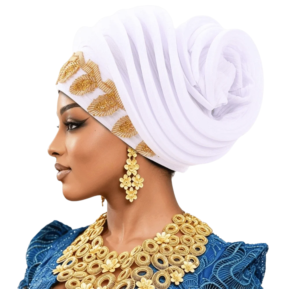 Shiny African Gele Headwrap Leaf Gold Embellished Yoruba Turban Hat Multiple Color Options Pre-tied Traditional Headpiece Party