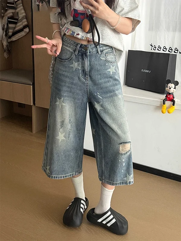 

American Style Star Hole Denim Seven-Foot Pants Women's Straight Summer New plus Size Loose Slim Wide Leg Trousers