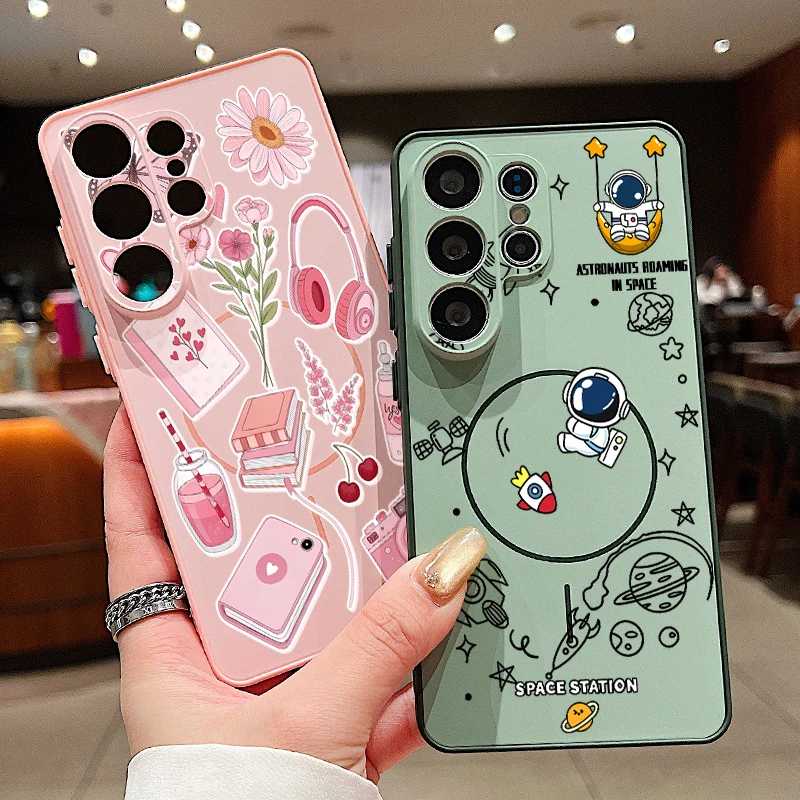 Astronaut Flower Pattern Magnetic Phone Case For Samsung Galaxy S26 S25 Ultra Edge S24 S23 FE A57 A17 A56 A37 A16 A55 A54 Cover
