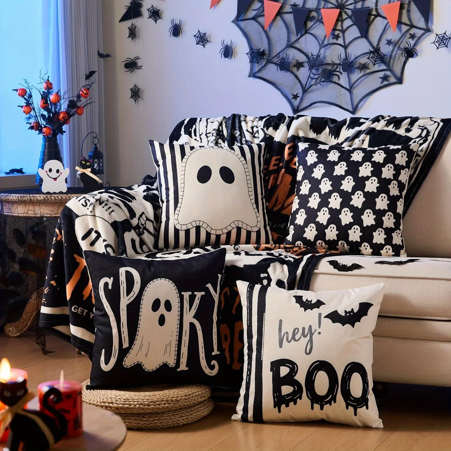 2D Flat - Set of 4 Halloween-Themed Pillow Covers Measuring 18X18 Inches, Featuring a Cute Spooky Ghost Design with Black Stripe