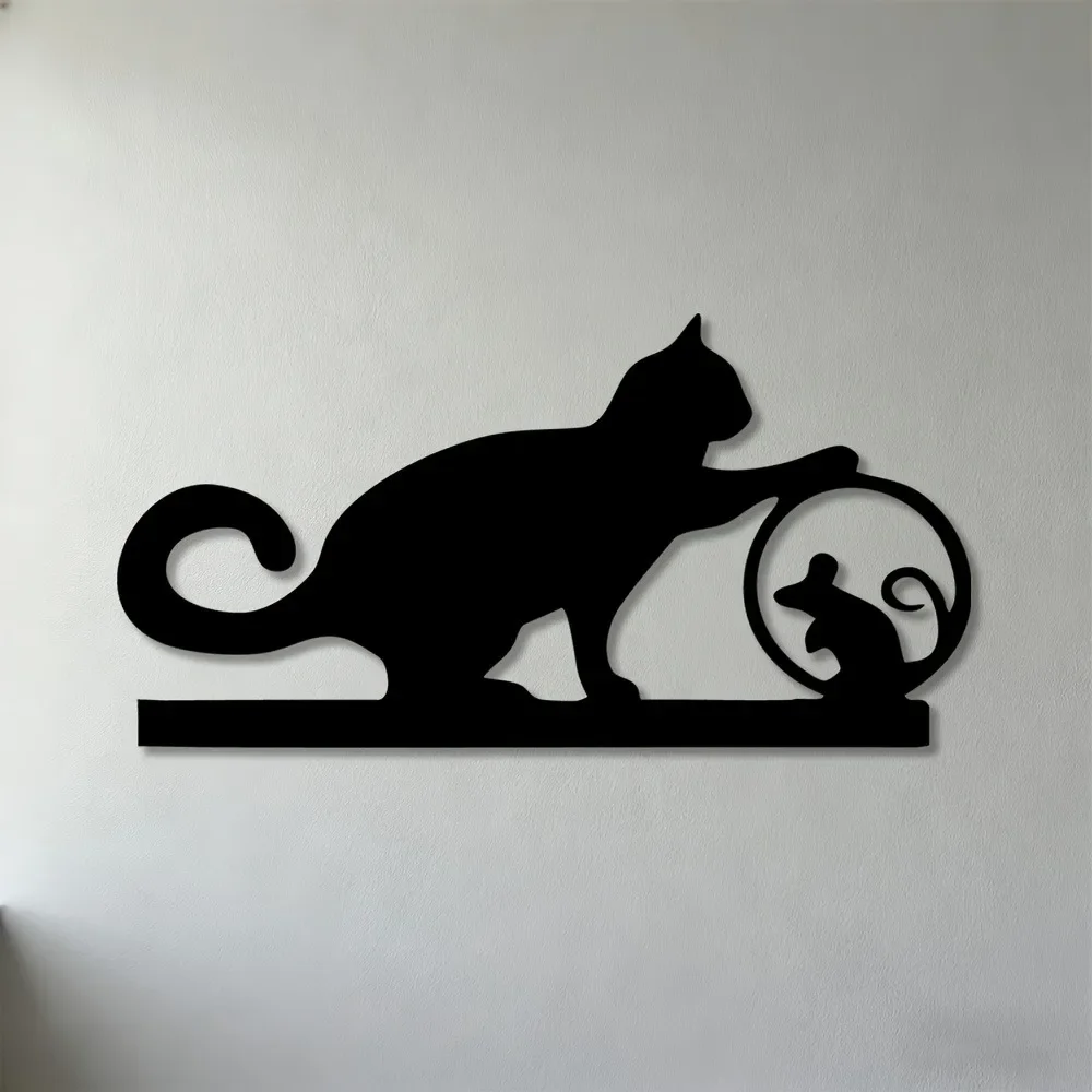 CIFbuy Metal Wall Art Iron Cat Mouse Sculpture Funny Chasing Decor Cute Kitten Rat Hanging Ornament Living Room Office