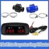 2 in 1 Car Gauge Water Temperature Gauge Voltmeter LCD Instrument witth Water Temperature Sensor 10mm Red Light 12V 24V