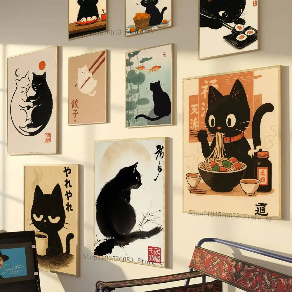 Retro Espresso Sushi Black Cat Kitchen Poster Bedroom Entrance Bar Cafe Art Painting
