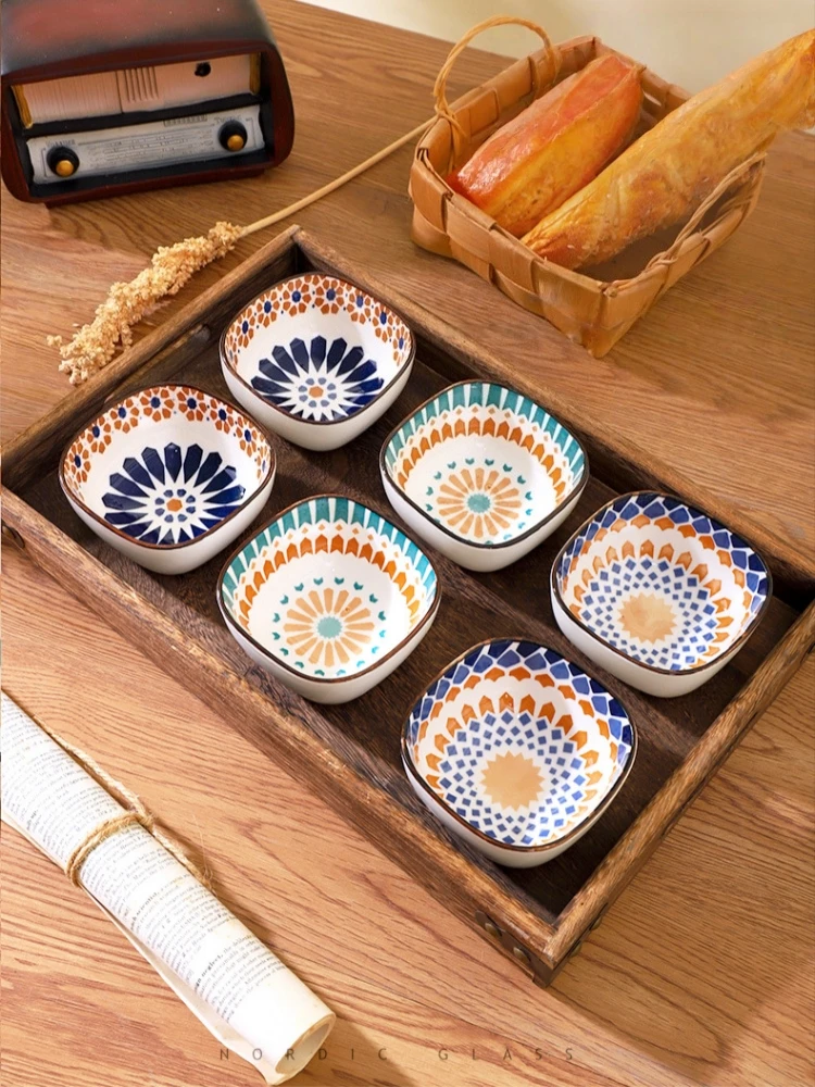 Plat à épices bohème en céramique, bol à salade, plat à collation, plateau à fruits pour Restaurant à domicile, rassemblement de fête, plat à Sauce barbecue 6 pièces