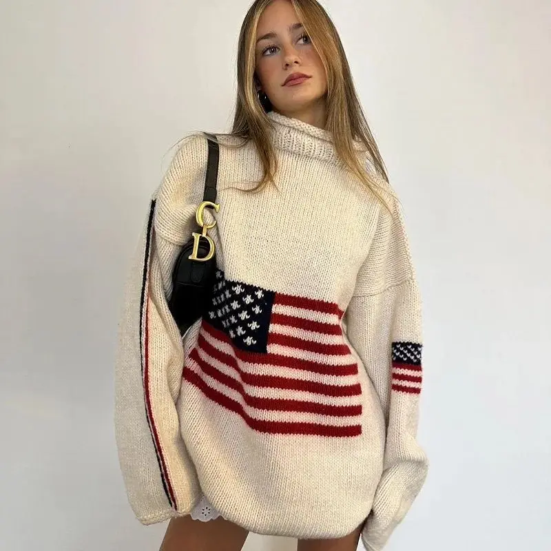 Harajuku Retro Y2K Women's US Flag Long sleeved Pullover Knitted High Neck Large Sweater Vintage Sweater for warmth