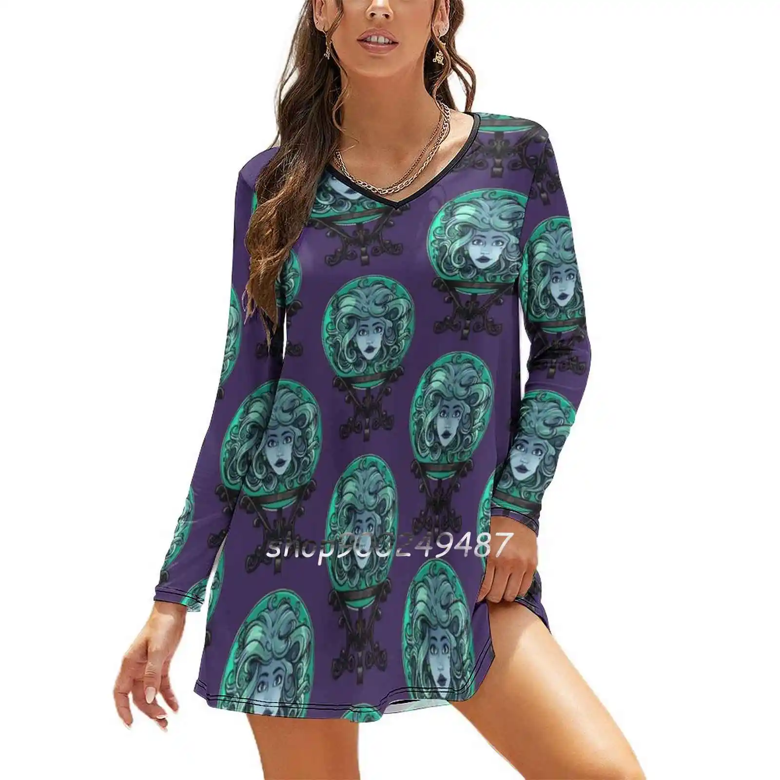 Madame Leota , No Background Elegant Party Women Dress Slim V Neck Long Sleeve Dress Casual Dresses Haunted Mansion Madame