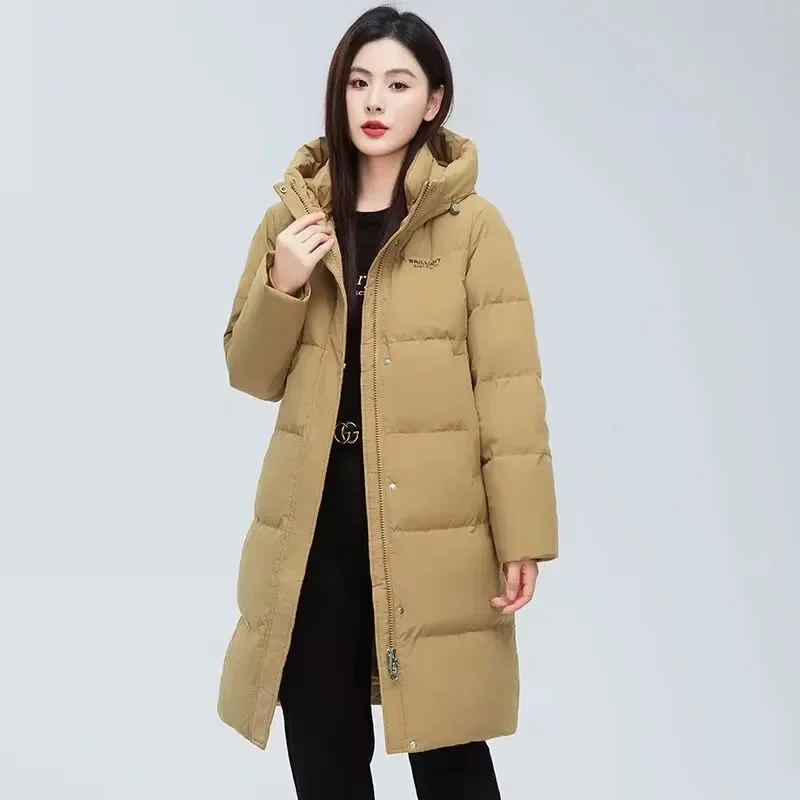 Kurtka bawełniana 2025 Nowa modna, popularna luźna i gruba wersja z kapturem, kurtka za kolano, wyszczuplająca kurtka bawełniana