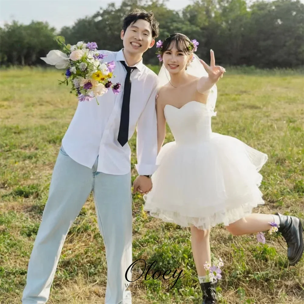 OLOEY Cute Tulle Sweetheart Collar Korea Wedding Dress Photo Shoot A-Line Sleeveless Mini Garden Bridal Gown Customized 웨딩드레스