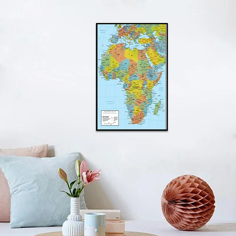 Mapa política de África, impresiones sin marco y póster, lienzo no tejido, pintura, decoración de la habitación del hogar, suministros escolares, 59x84cm