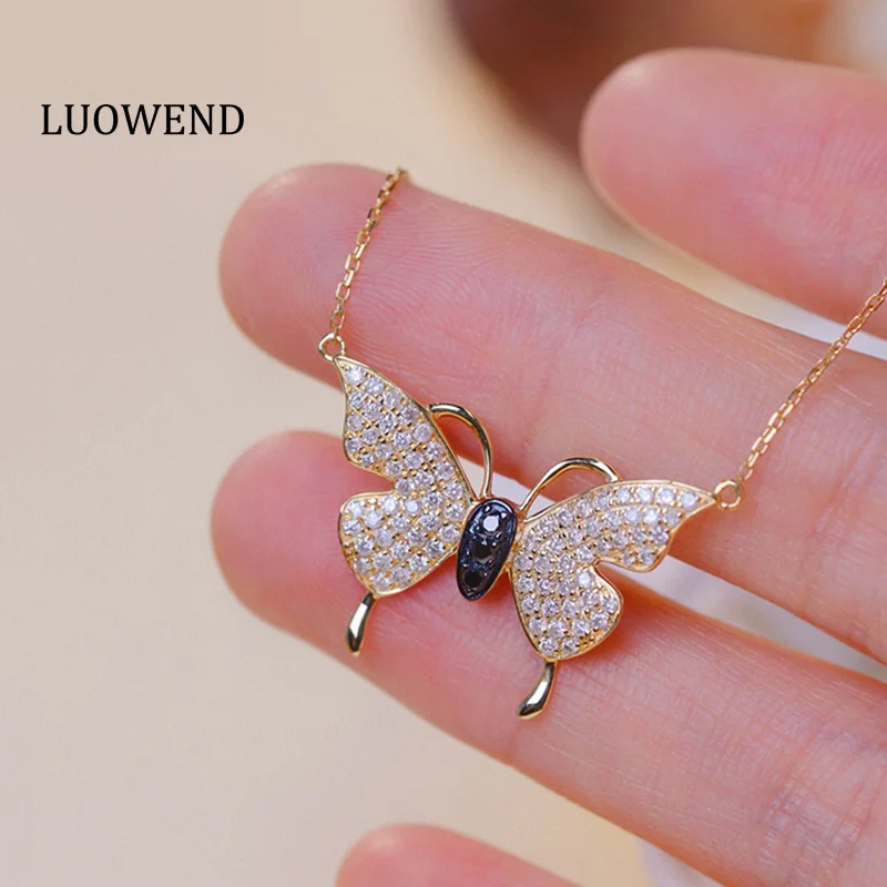 LUOWEND 18K Yellow Gold Necklace Elegant Butterfly Shape Real Natural Black Diamond Pendant Necklace for Women Party Jewelry