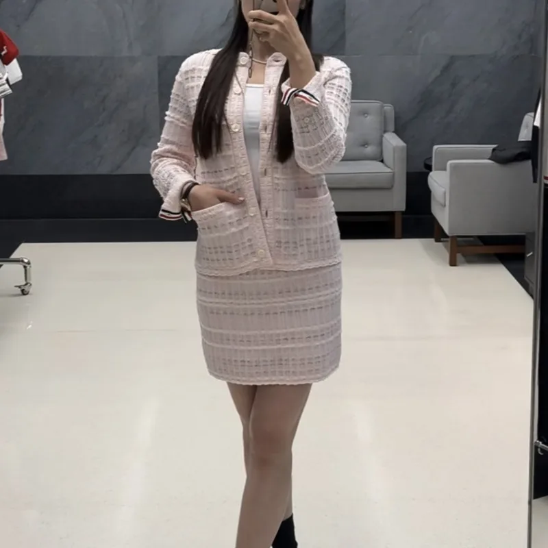 CHUJIE Frühherbst 2025 TB Set im akademischen Stil, Blasengarn und Tweed-Strickjacke und Rock, 2-teiliges Set, jugendliches schickes Outfit