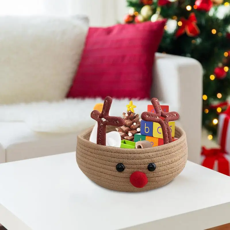 Small Storage Box Reindeer Round Cotton Rope Storage Basket Christmas Party Supplies Holiday Decorative Basket Storage Organizer