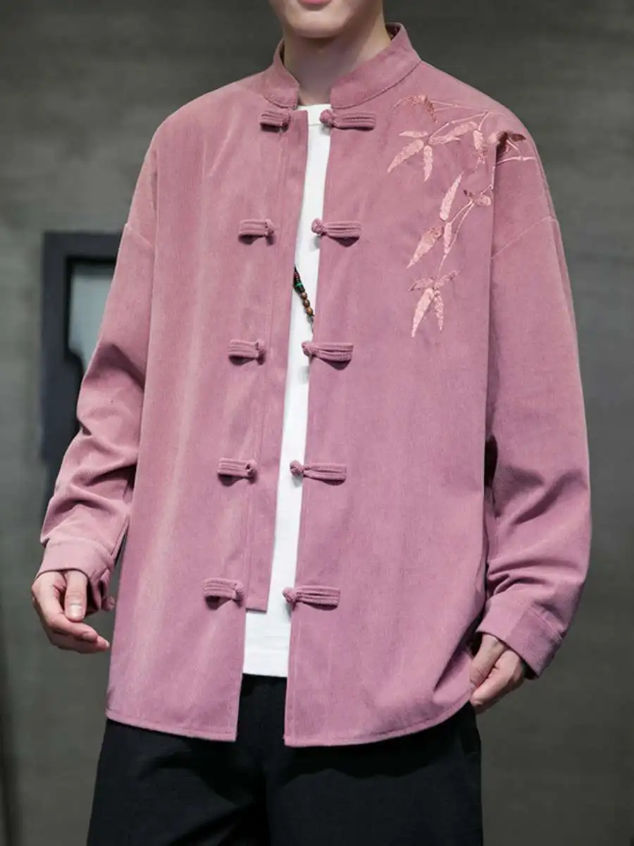 

New Men's Long Sleeve Stand Collar Shirt Embroidered Corduroy Autumn Winter Chinese Style Tang Suit Button Outerwear