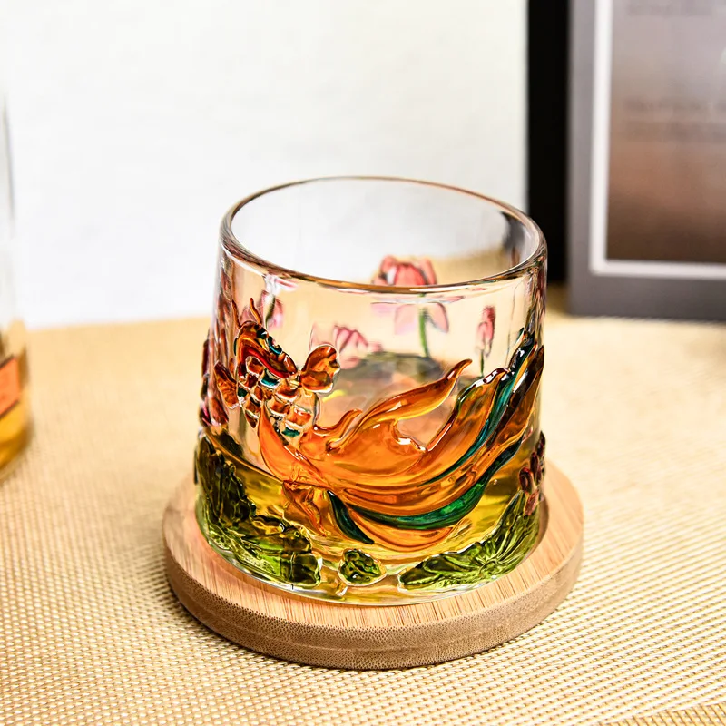 

Chinese Style Painted Rotating Glass Cup with Base Whiskey Glass Creative Koi Lotus Design