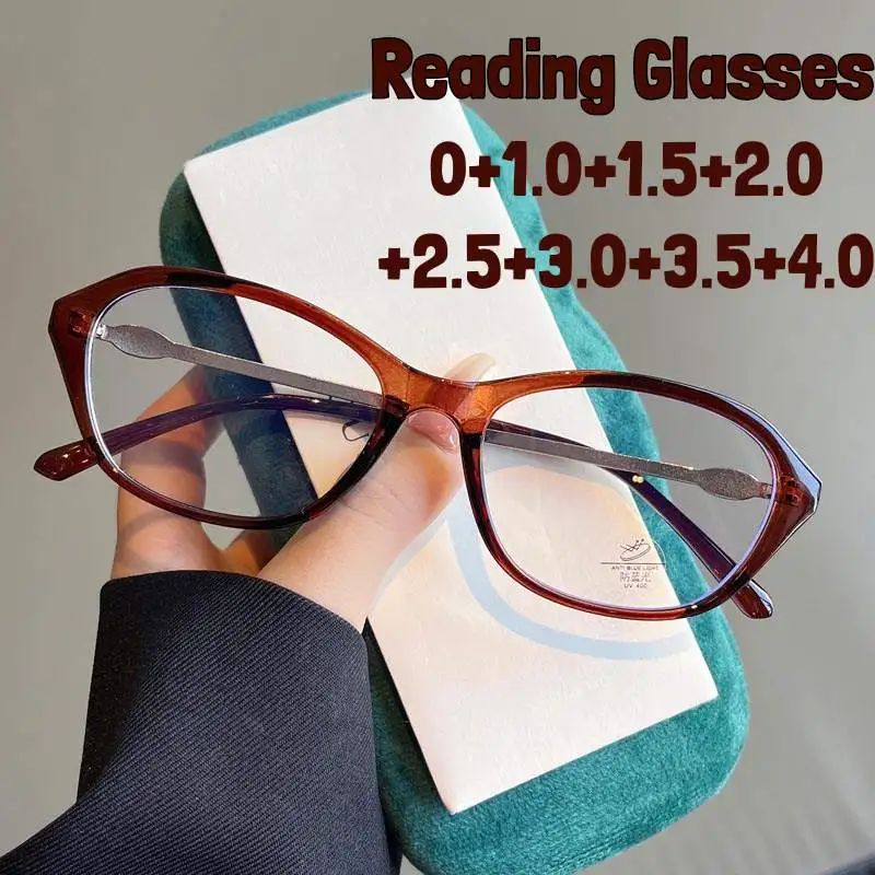 

Elegant Women Cat Eye Reading Glasses New Design Oversize Frame Presbyopia Eyeglasses Cool Tea Blue Light Protection Eyewear+2.0