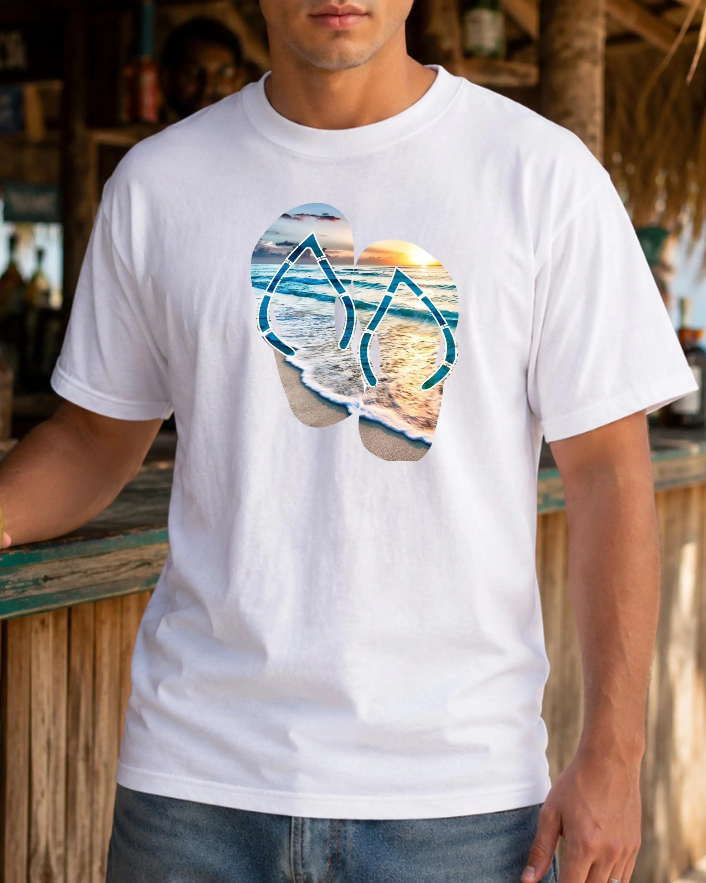 Summer Vacation Style, Casual and Fashionable Flip-flops Beach Scene T-shirt - Sunset Wave Summer Pattern T-shirt