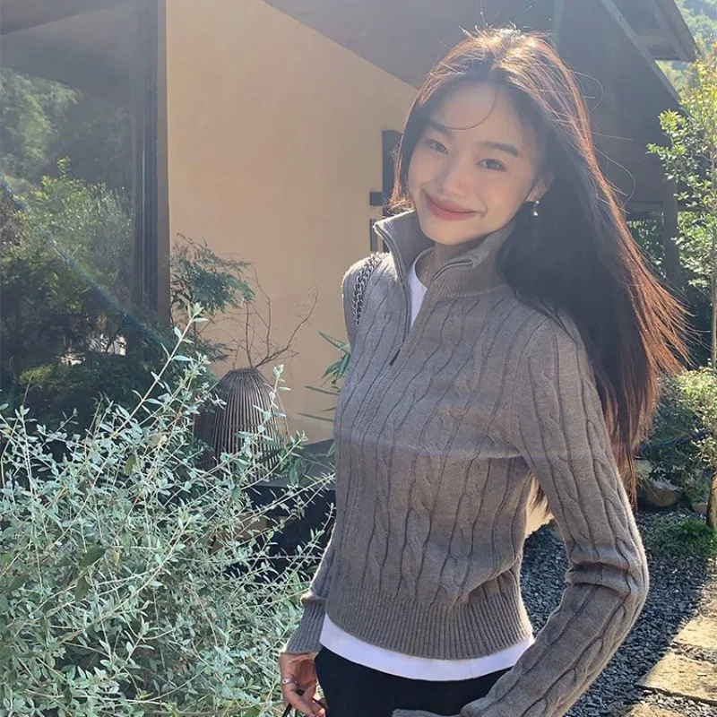 

Французский тонкий вязаный кардиган на молнии с воротником-стойкой, женский осенне-зимний толстый пальто с жареным тестом, универсальное однотонное пальто