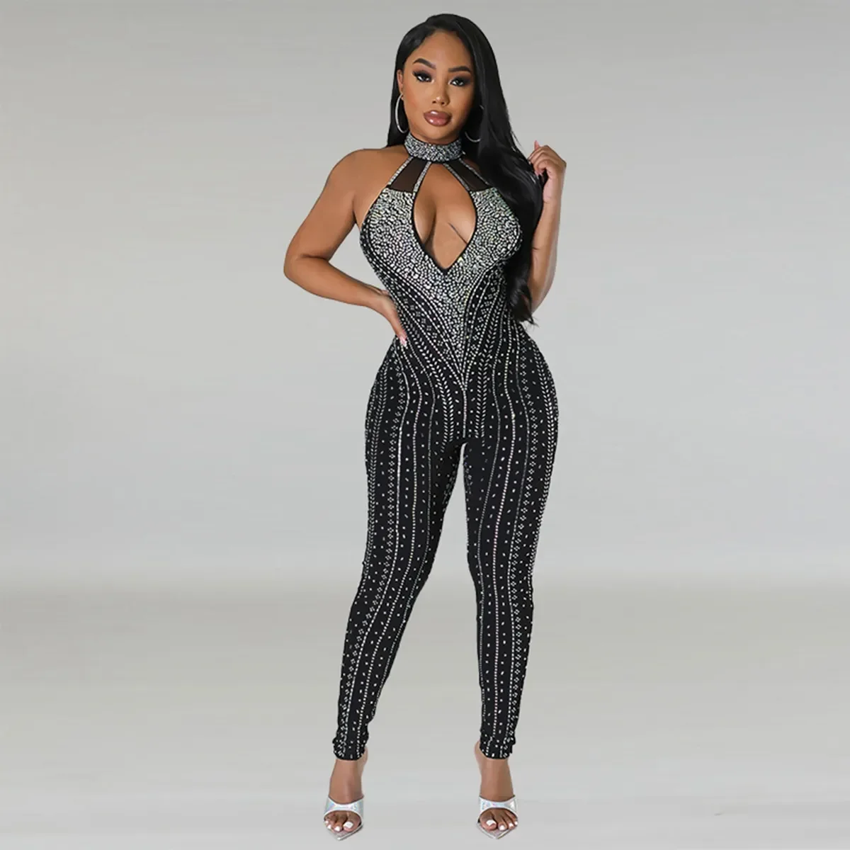 

Wishyear Elegant Skinny Night Club Party Overalls Crystal Bodycon Jumpsuit for Women Sexy Rhinestone Mesh Tight Romper Birthday