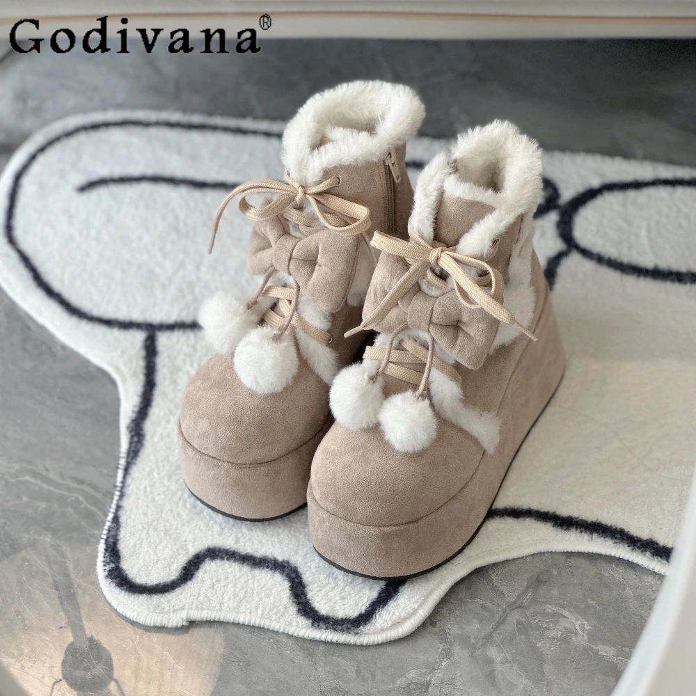 

Cute Round Head Bow Platform Snow Boots Winter Round Head Kawaii Black High-heeled Women's Shoes Boots