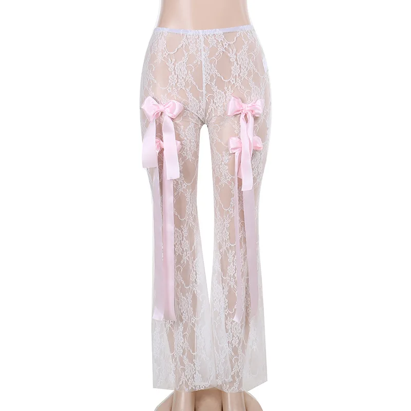 Sexy Mesh Embroidery Bowknot See Through Pants Women High Waist Straight Lolita Trousers 2024 Summer Fairy Grunge Clothes