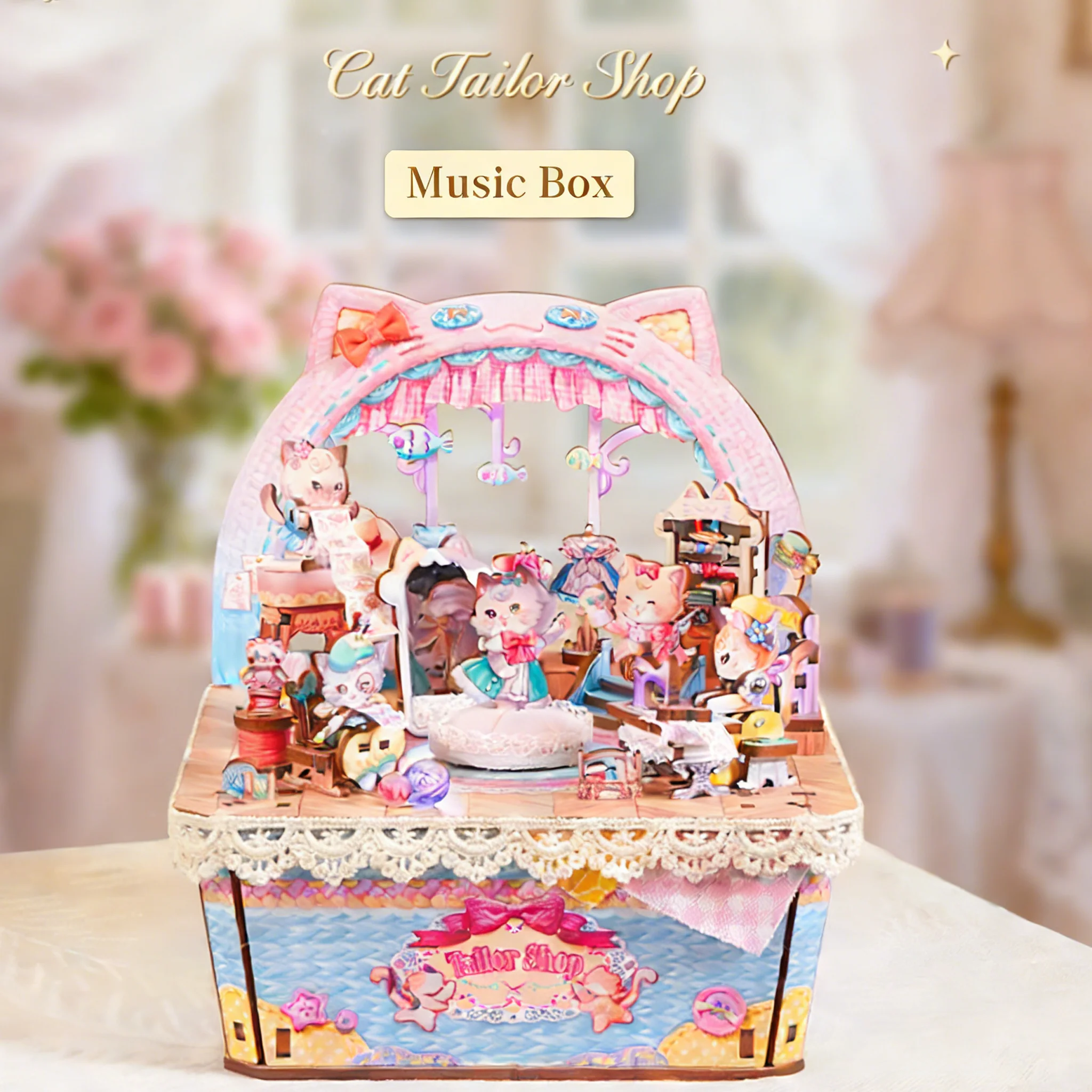 

DIY Wooden Music Box Kit: Cat-Themed "Meow Tailor Shop" 186pcs, Gift for Girls, 3-5H Assembly, Valentine's Day gift,Home Decor