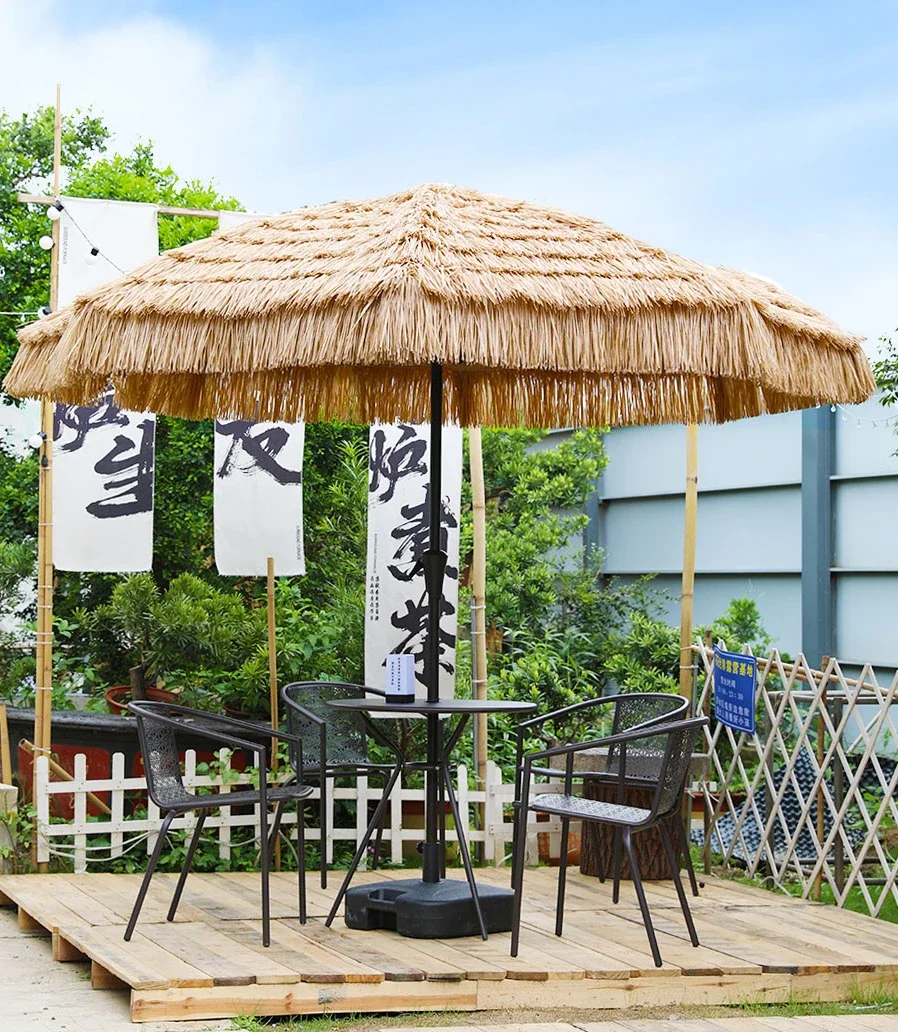 Outdoor sunshade courtyard umbrella garden sun umbrella simulation thatched column table and chair with umbrella