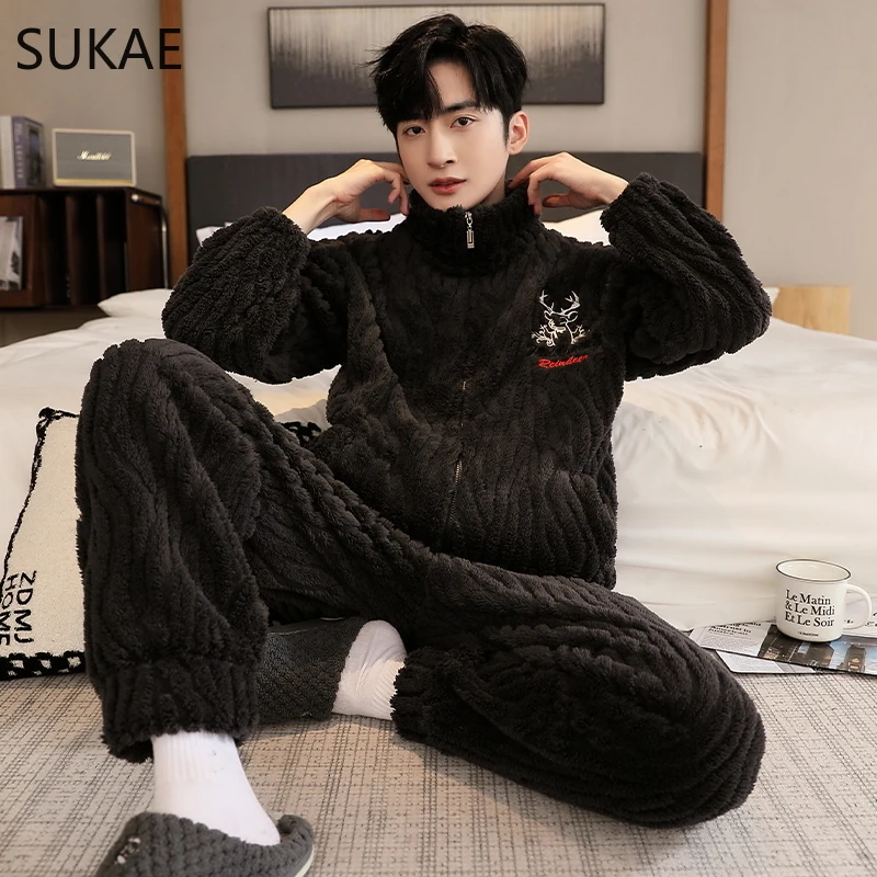 SUKAE L-5XL Chubby Thermal Zipper Pijamas Boy Leisure Man Sporty Sleepwear Big Size Men Pajamas Winter Thick Velvet Coral Pajama