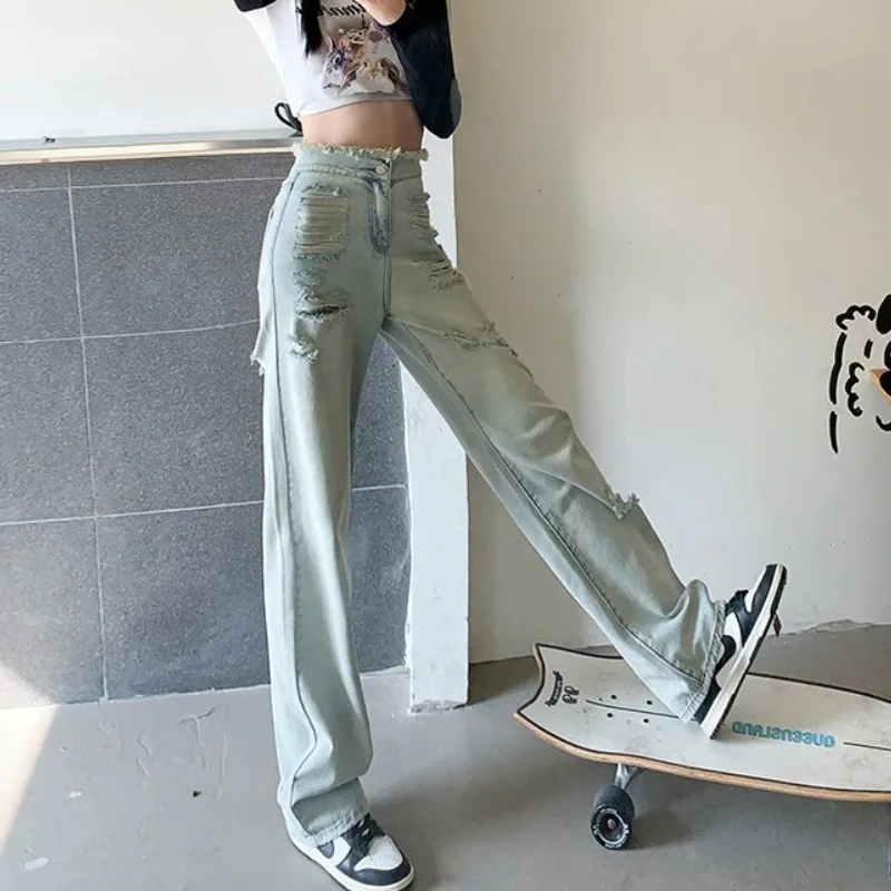 Moda Niebieskie Jeansy Ripped Kobiety 2025 Lato Korea Y2K Nowe Wszechstronne Denimowe Spodnie z Szeroką Nogawką Wysoka Talia Cienkie Luźne Spodnie Casualowe