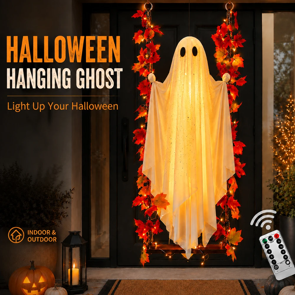 Halloween Decorations Outdoor Indoor Hanging Ghost Decor with a Maple Leaf Swing,Ghost Light,Halloween Decor for Tree,Yard
