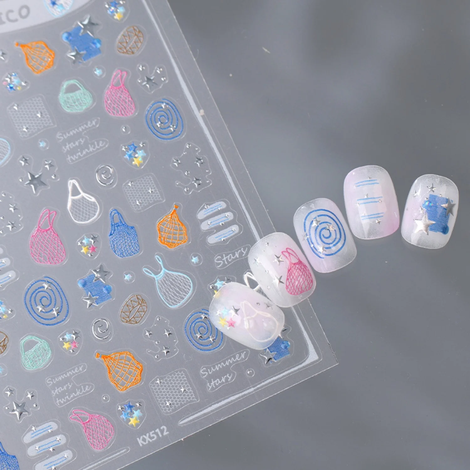 Macaron Hollow Mesh Shopping Bag 5D Nail Stickers Spiral Swirl Four-point Glitter Star Summer Line Decal Self Adhesive Manicure