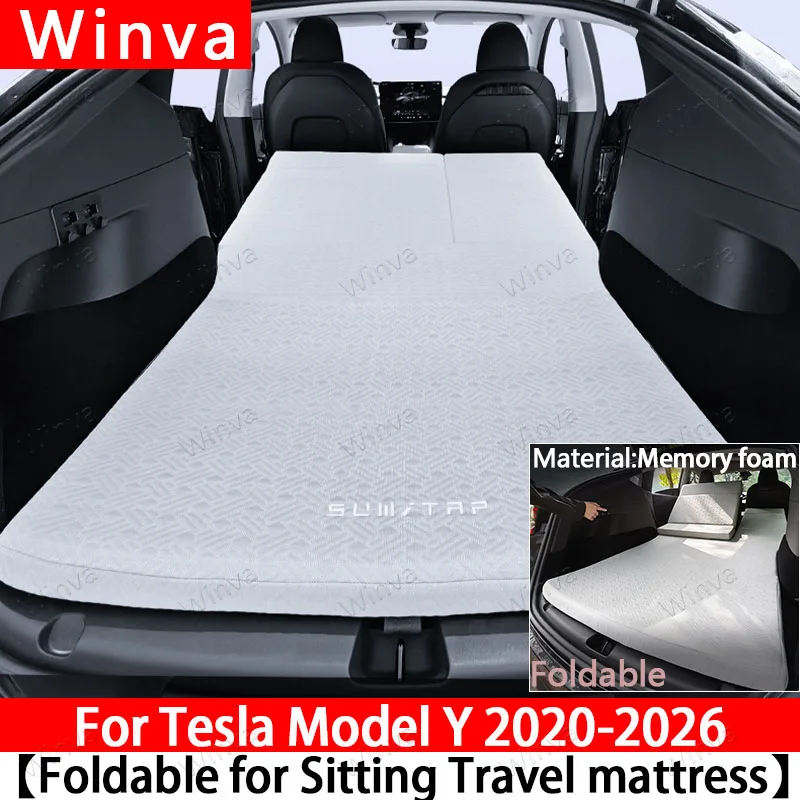 Ice Silk Half Fold Mattress for Tesla Model Y Juniper 2025 2026&2020-2024 Memory Foam Bed Pad Foldable Sitting Camping Travel