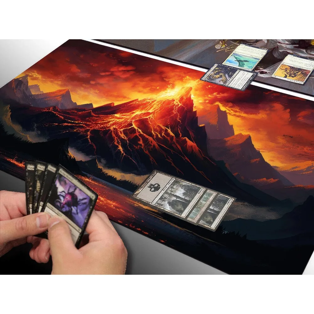 Erupting Volcano Lava Mountain Lake TCG Playmat Epic Fantasy Landscape Premium Rubber Large Gaming Desk Mat Fire Scene