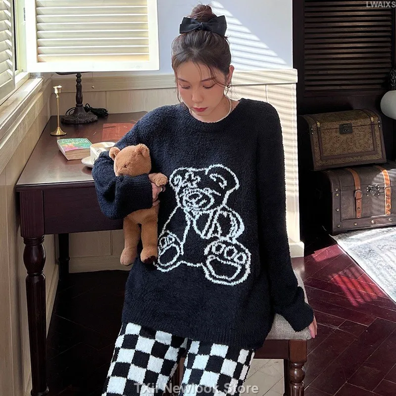 Cartoon Cute Bear Age Reducing College Style Pajamas Women Autumn and Winter Soft Thickened Knitted Home Clothes for Outer Wear