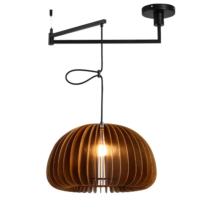 

Retro restaurant replaceable rocker arm chandelier full spectrum solid wood light Japanese walnut pumpkin dining table bar light