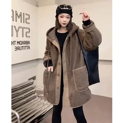 Quilted Winter Jackets New Spliced Fake Two Piece Lamb Wool Sandwich Hooded Coat 2023 Med-Long Loose Grain Fleece Coat Thick 5XL