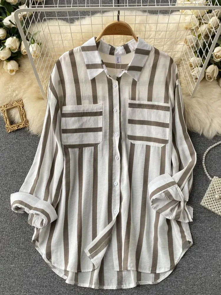 Fashion Woman Blouse 2023 Medium Length Vertical Stripe Shirt Jacket for Women\'s Korean Casual Loose Fitting Elegant Top