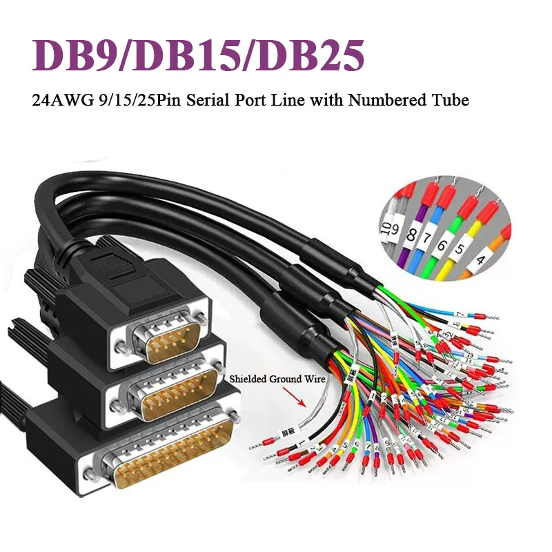 DB9 DB15 DB25 Connector Cable with Numbered Tube 24AWG 9/15/25Pin Terminal Serial Port Wire Male Female Shielded Connecting Line