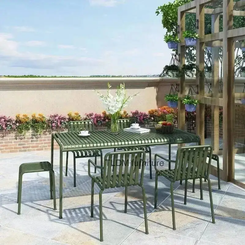 Coffee Table Set Green Metal Outdoor Dining Table and Chair Square Metal Dining Table Stackable Steel Chairs for Patio Deck Yard