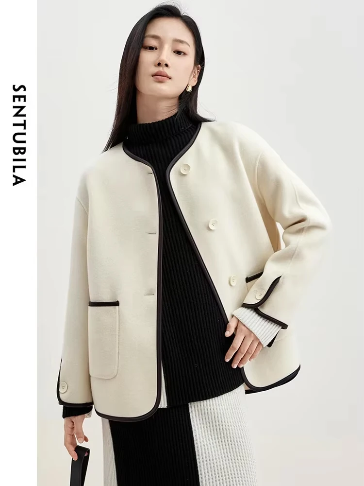 SENTUBILA 100% Wool Double Sided Woolen Coat Women 2024 Winter Warm Contrast Side Slit Woolen Jackets Woman Outerwear W44O58525X