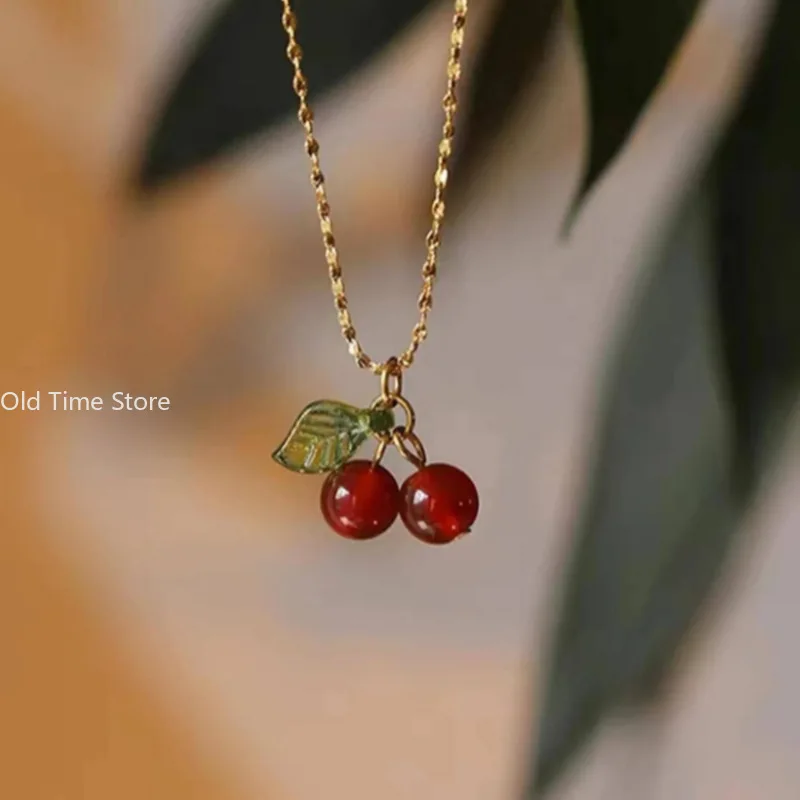 Stainless steel Cherry Necklace Natural stone beads pendant chain necklace Women's fashion wedding jewelry birthday gift