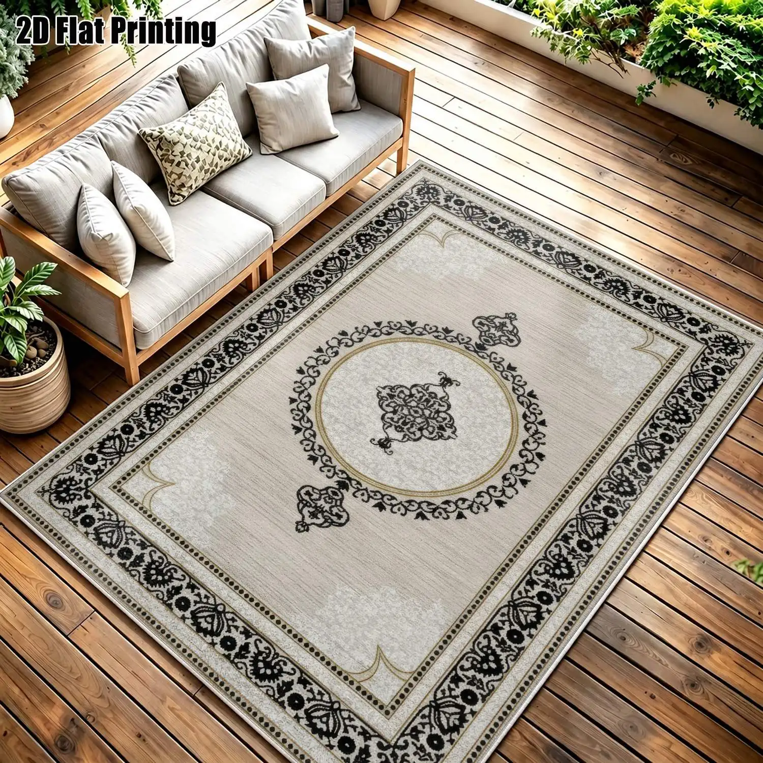 1Pc 2D Printed Beige Black Floral Velvet Carpet, European-Style Home Decor Rug, Multi-Size, Machine Washable, for Entrance, Dining, Foyer, Living Room, Bedroom