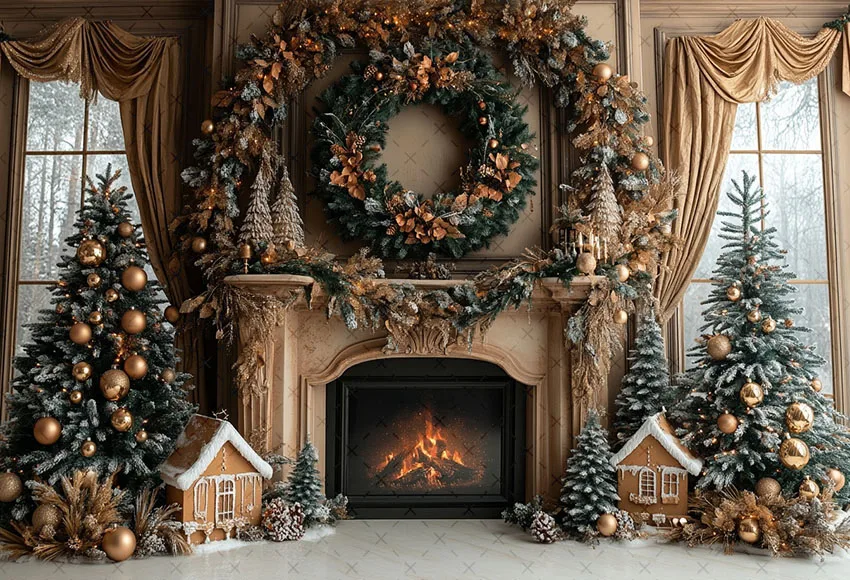 Mehofond Photography Background Christmas Vintage Fireplace Windows Xmas Tree Kids Family Portrait Decor Backdrop Photo Studio